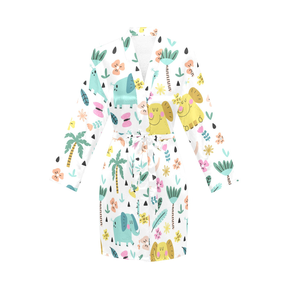 Cute elephants palm tree flower butterfly pattern Women's Long Sleeve Belted Night Robe