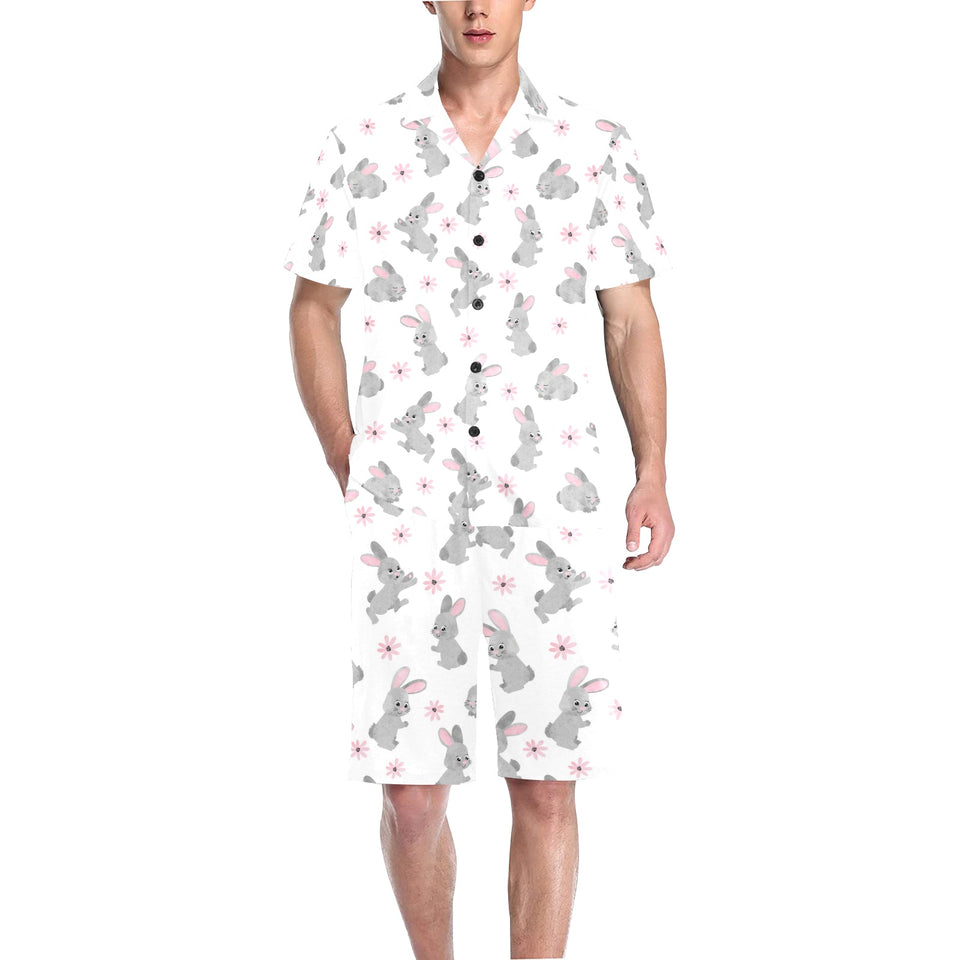 Watercolor cute rabbit pattern Men's V-Neck Short Pajama Set