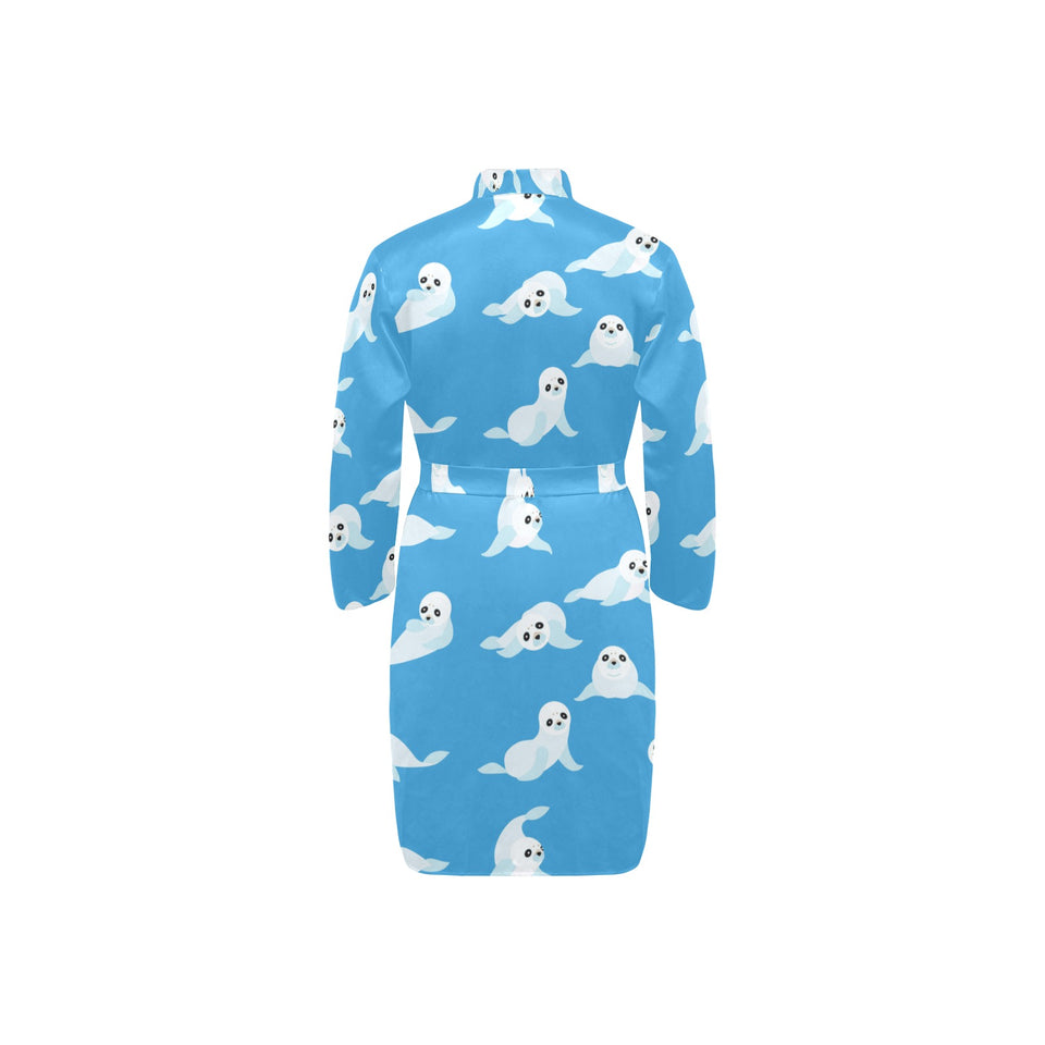 Cute sea lion seal pattern background Men's Long Sleeve Belted Night Robe