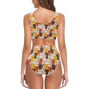 Colorful Maneki neko cat pattern Chest Bowknot High Waisted Bikini Swimsuit