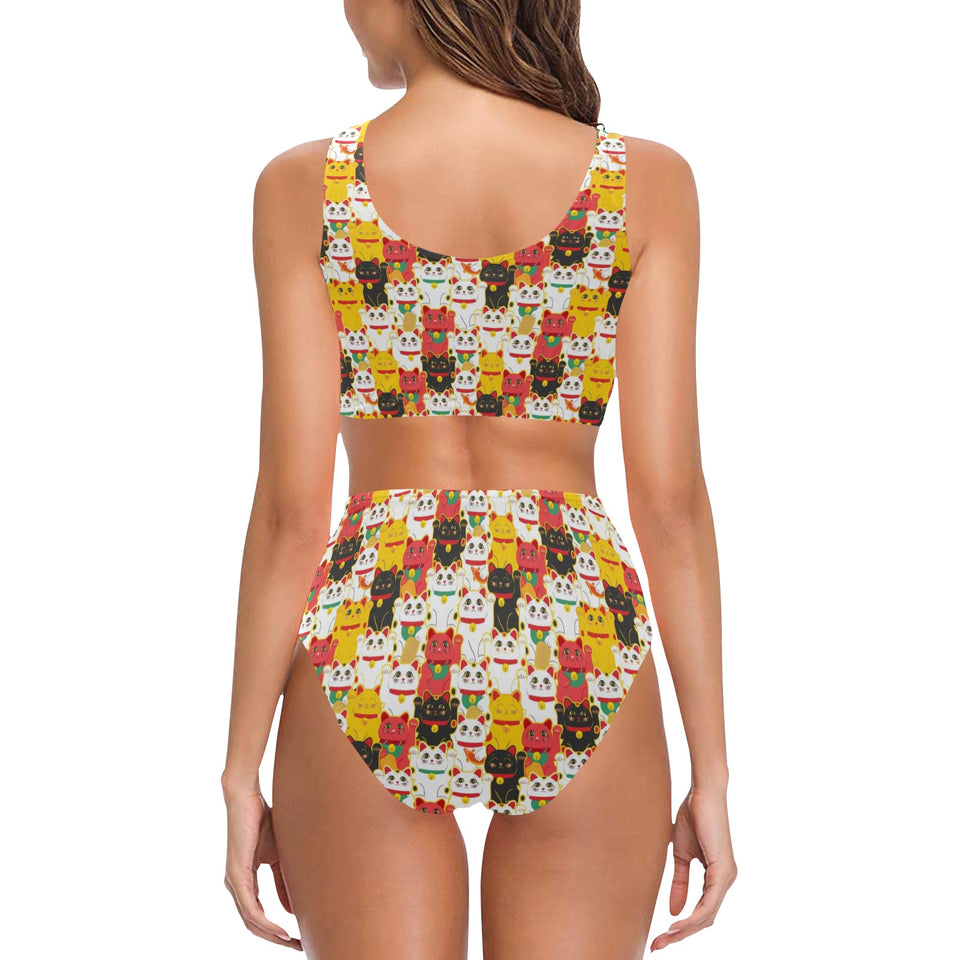 Colorful Maneki neko cat pattern Chest Bowknot High Waisted Bikini Swimsuit