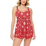 Snowflake pattern red background Chest Sexy Pleated Two Piece Swim Dress