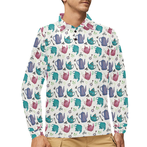 Tea pots Pattern Print Design 05 Men's Long Sleeve Polo Shirt