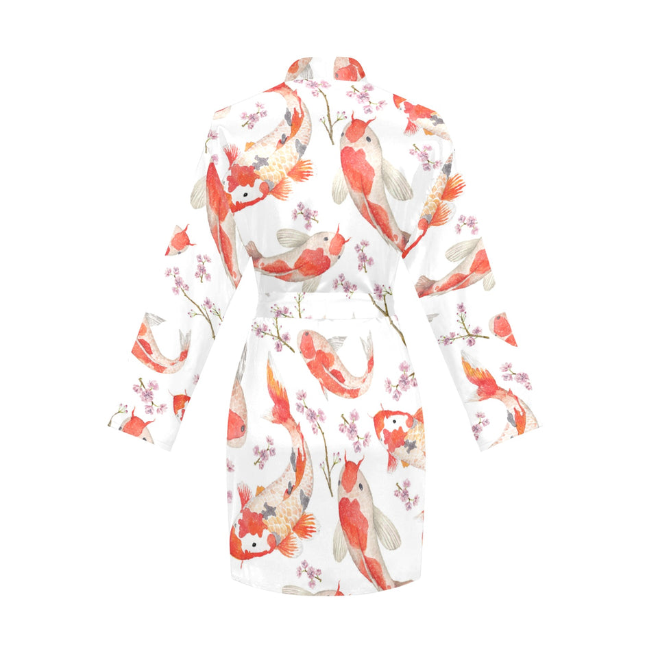 Watercolor Koi Fish Carp Fish pattern Women's Long Sleeve Belted Night Robe