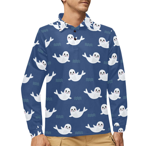 Cute white baby sea lion seal pattern Men's Long Sleeve Polo Shirt