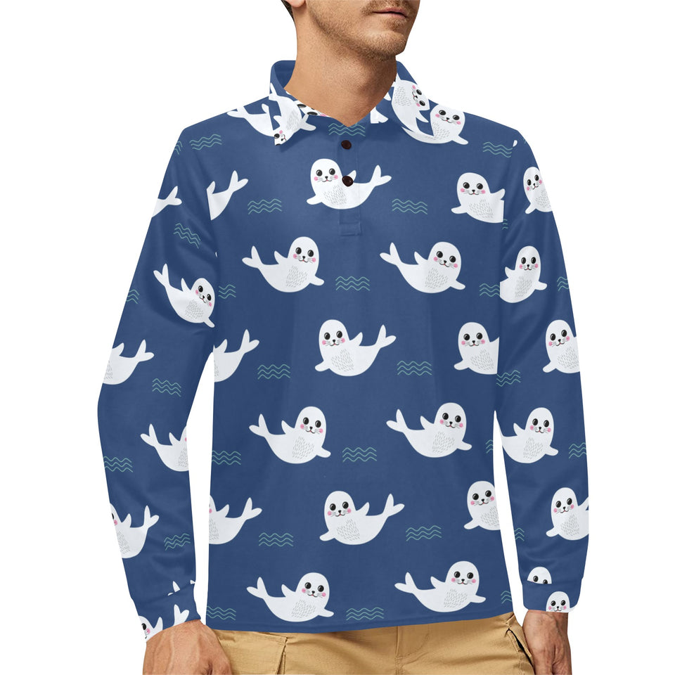 Cute white baby sea lion seal pattern Men's Long Sleeve Polo Shirt