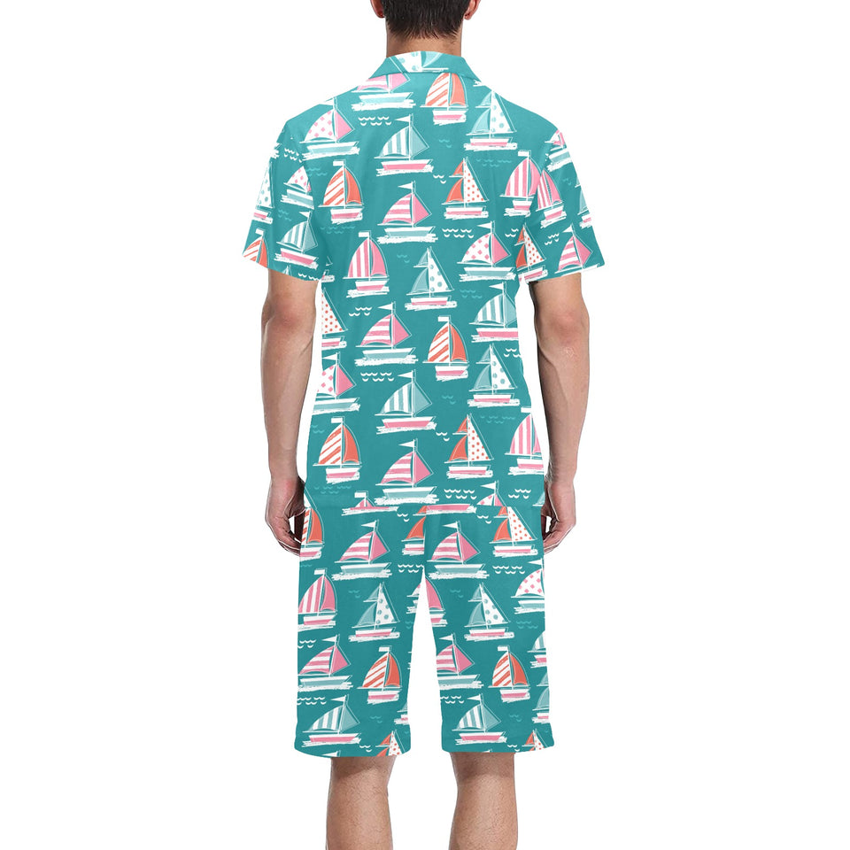 Cute sailboat pattern Men's V-Neck Short Pajama Set