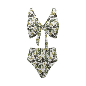 Canabis Marijuana Weed Pattern Print Design 05 Chest Bowknot High Waisted Bikini Swimsuit