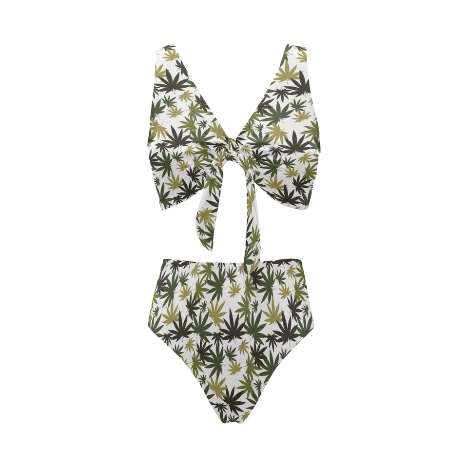 Canabis Marijuana Weed Pattern Print Design 05 Chest Bowknot High Waisted Bikini Swimsuit