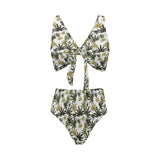 Canabis Marijuana Weed Pattern Print Design 05 Chest Bowknot High Waisted Bikini Swimsuit