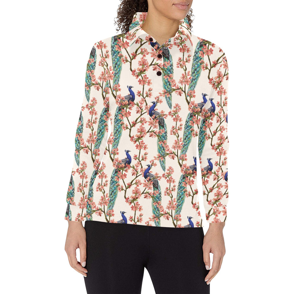 Peacock tropical flower pattern Women's Long Sleeve Polo Shirt