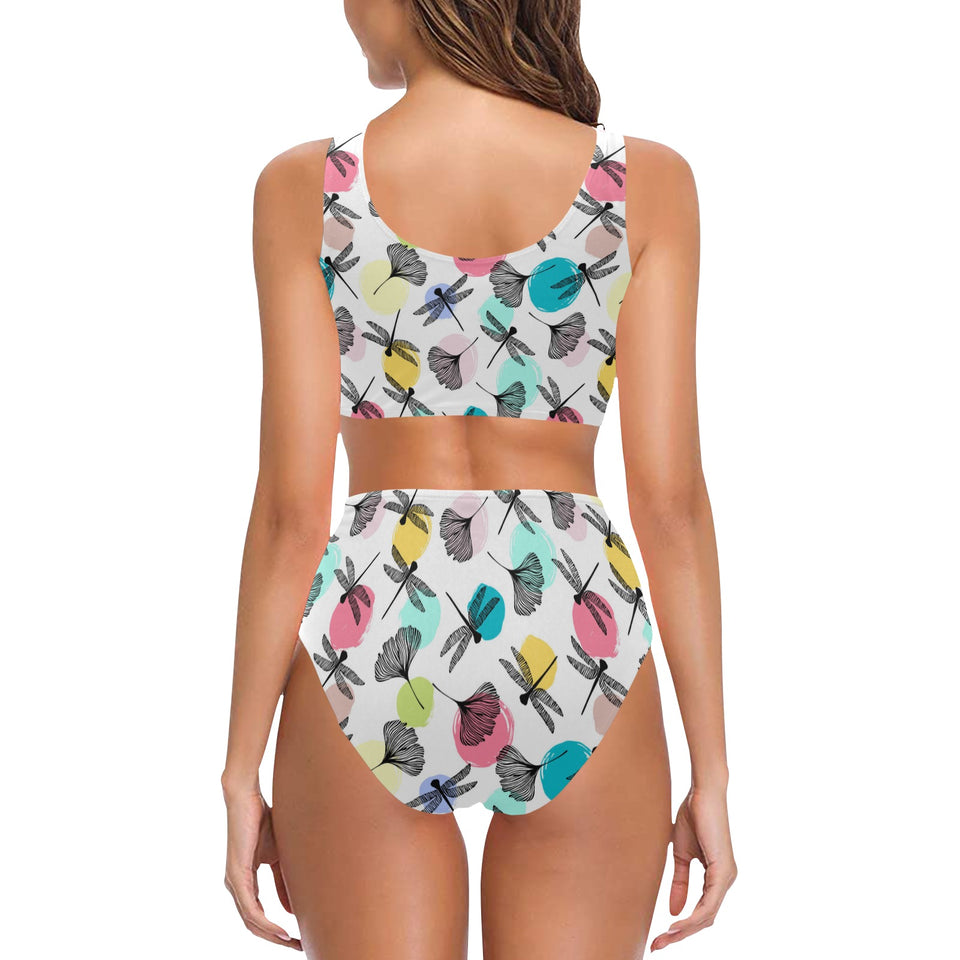Dragonflies ginkgo leaves pattern Chest Bowknot High Waisted Bikini Swimsuit