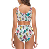 Dragonflies ginkgo leaves pattern Chest Bowknot High Waisted Bikini Swimsuit