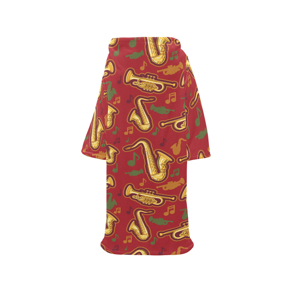 Saxophone cornet pattern red background Blanket Robe with Sleeves