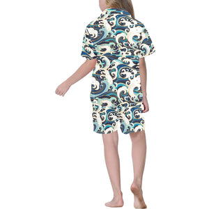 Japanese wave pattern Kids' Boys' Girls' V-Neck Short Pajama Set