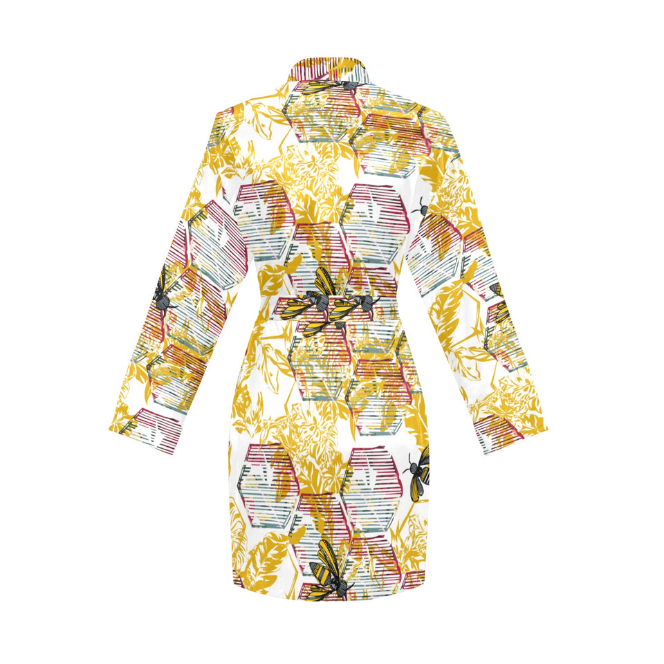 Cool Bee honeycomb leaves pattern Women's Long Sleeve Belted Night Robe
