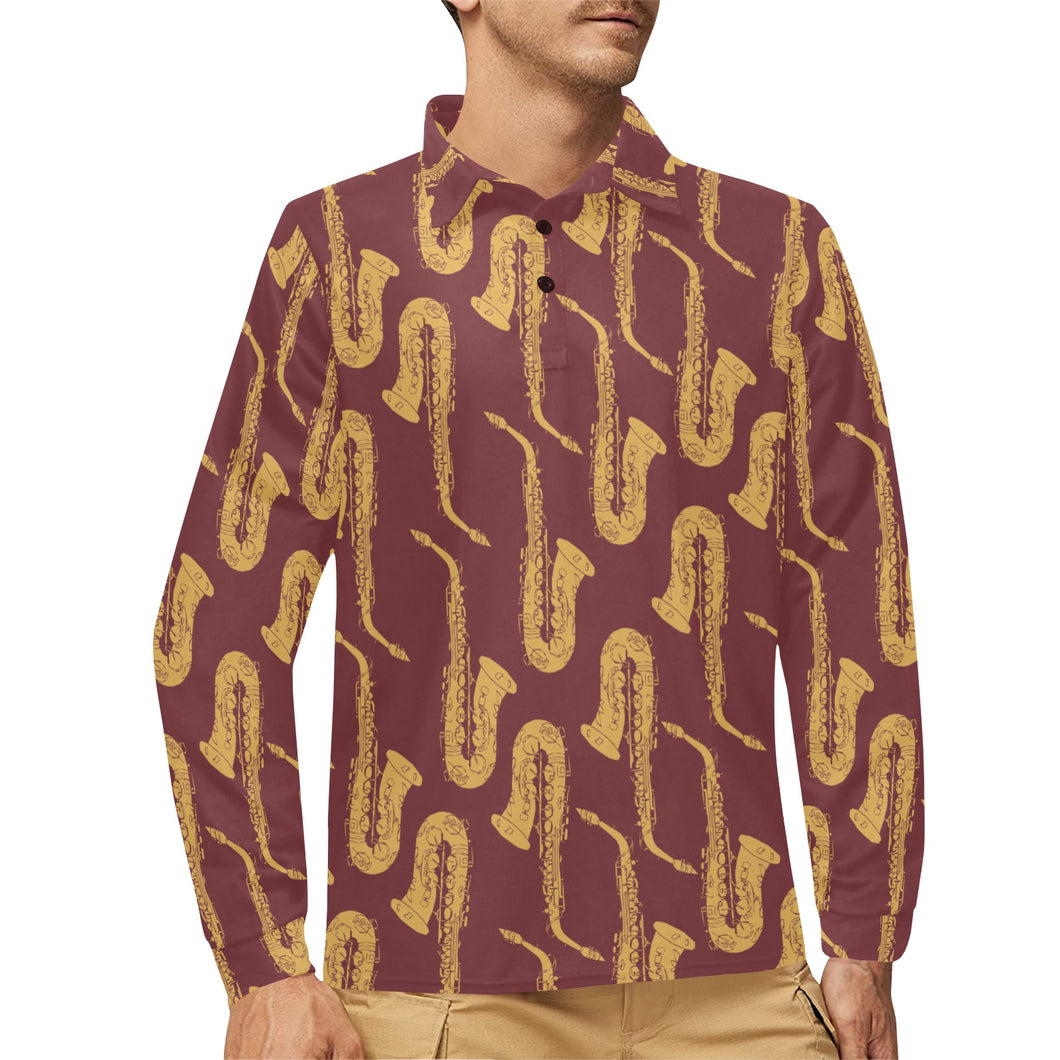 Hand drawn gold saxophone red background Men's Long Sleeve Polo Shirt
