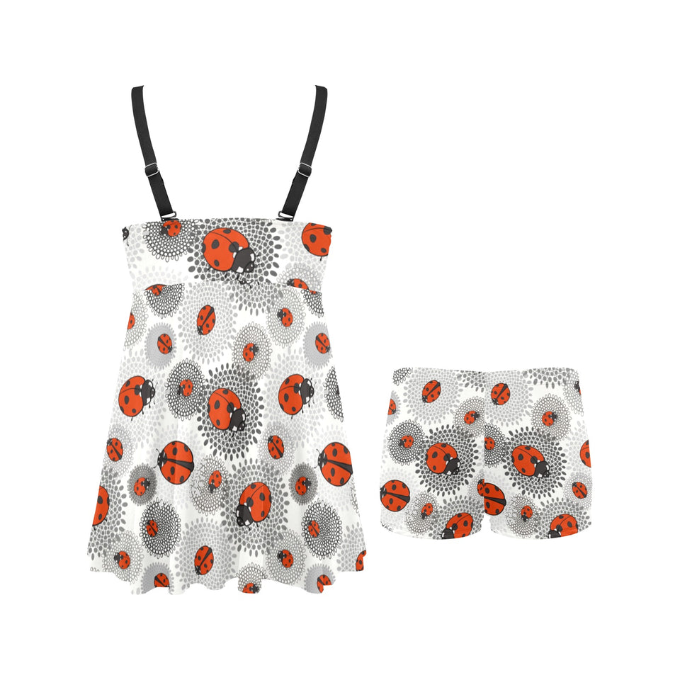Ladybug Pattern Print Design 05 Chest Sexy Pleated Two Piece Swim Dress