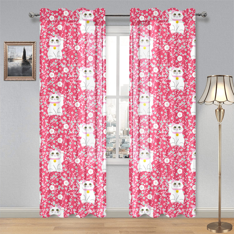 Maneki neko cat sakura pink background Gauze Curtain