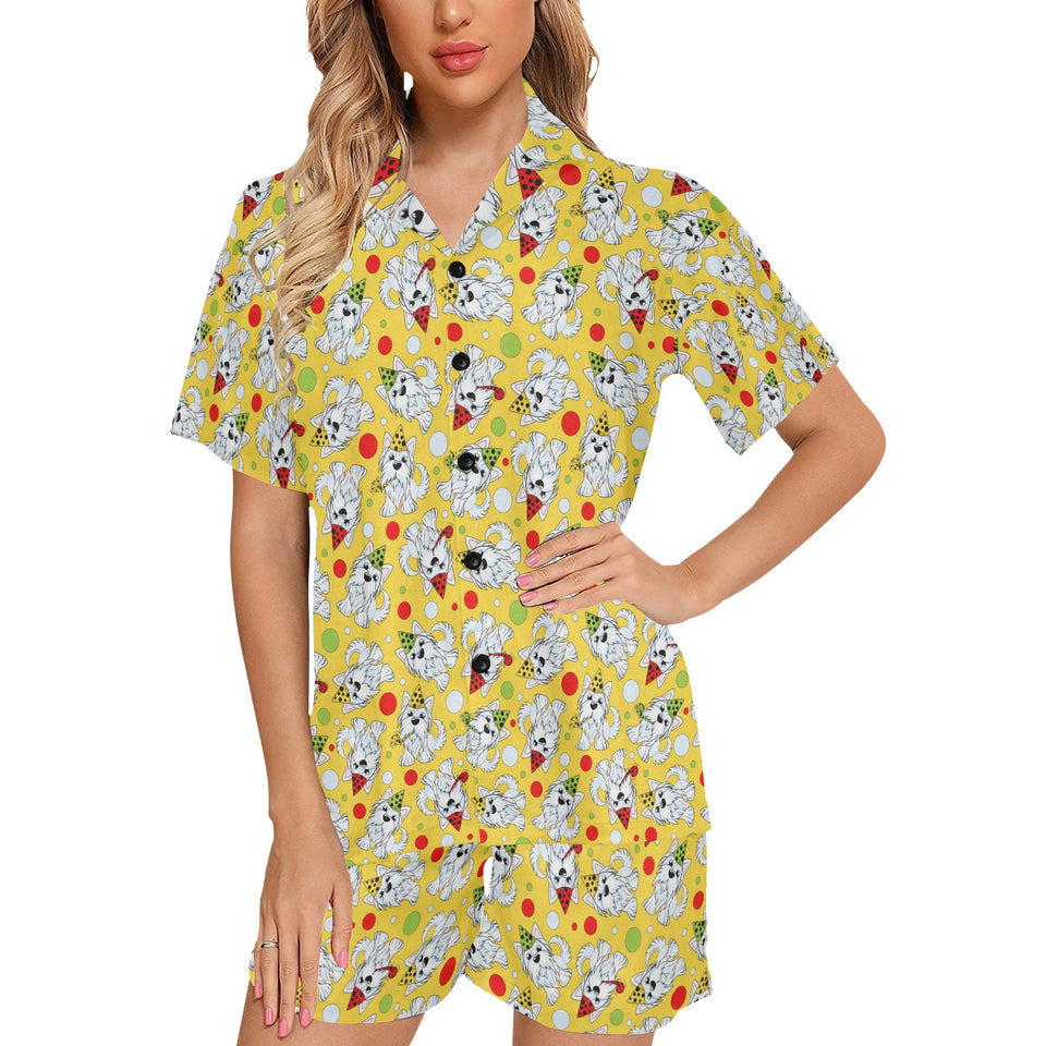 Yorkshire Terrier Pattern Print Design 05 Women's V-Neck Short Pajama Set