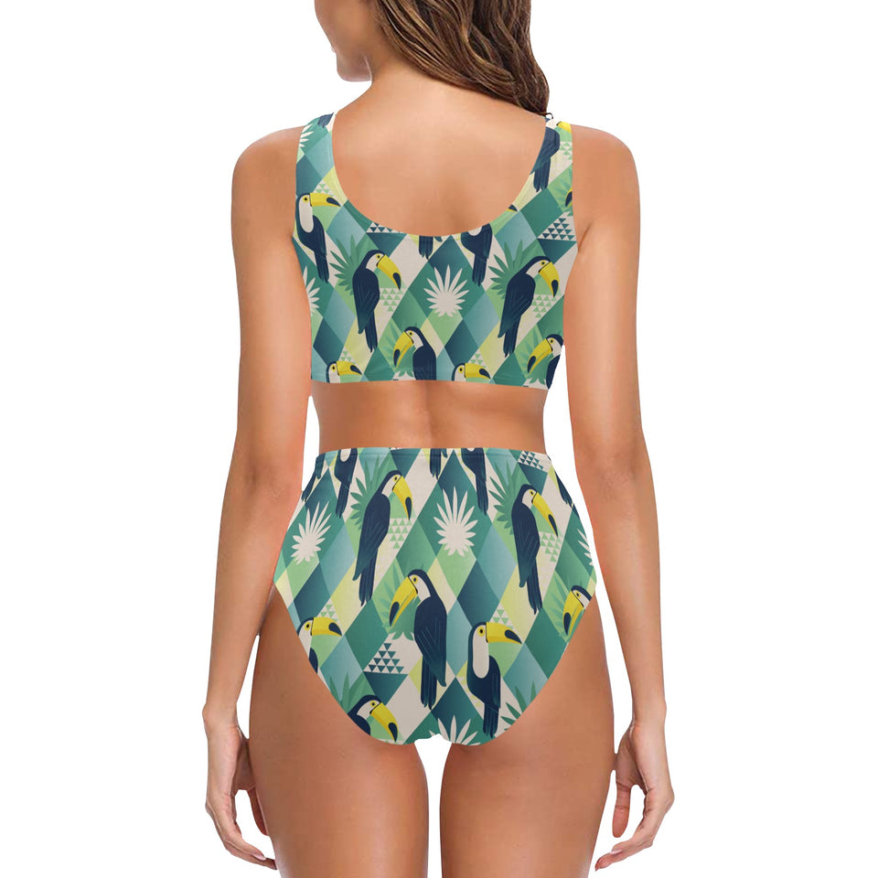 Toucan tropical leaves design pattern Chest Bowknot High Waisted Bikini Swimsuit