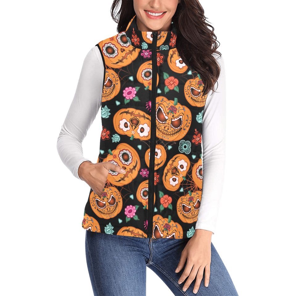 Pumpkin flowers spiderweb Halloween theme Women's Padded Vest