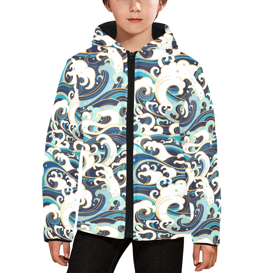 Japanese wave pattern Kids' Boys' Girls' Padded Hooded Jacket