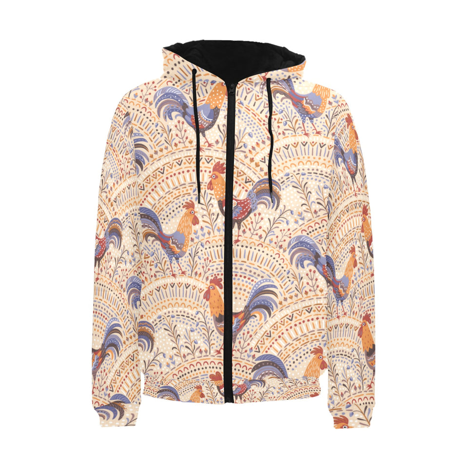 Cute rooster chicken cock floral ornament backgrou Men's Padded Hooded Jacket