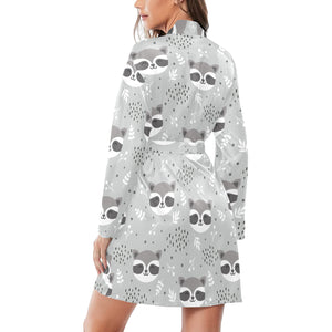 Cute raccoons leaves dot Women's Long Sleeve Belted Night Robe