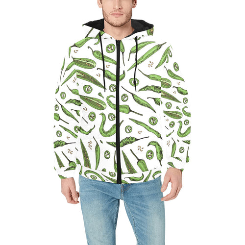 Hand drawn sketch style green Chili peppers patter Men's Padded Hooded Jacket
