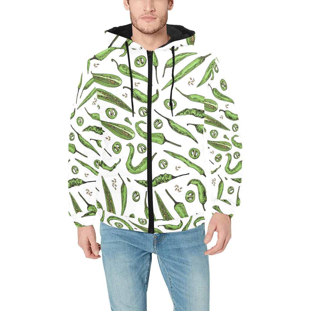 Hand drawn sketch style green Chili peppers patter Men's Padded Hooded Jacket