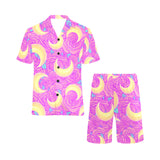 Moon pink rose background Men's V-Neck Short Pajama Set