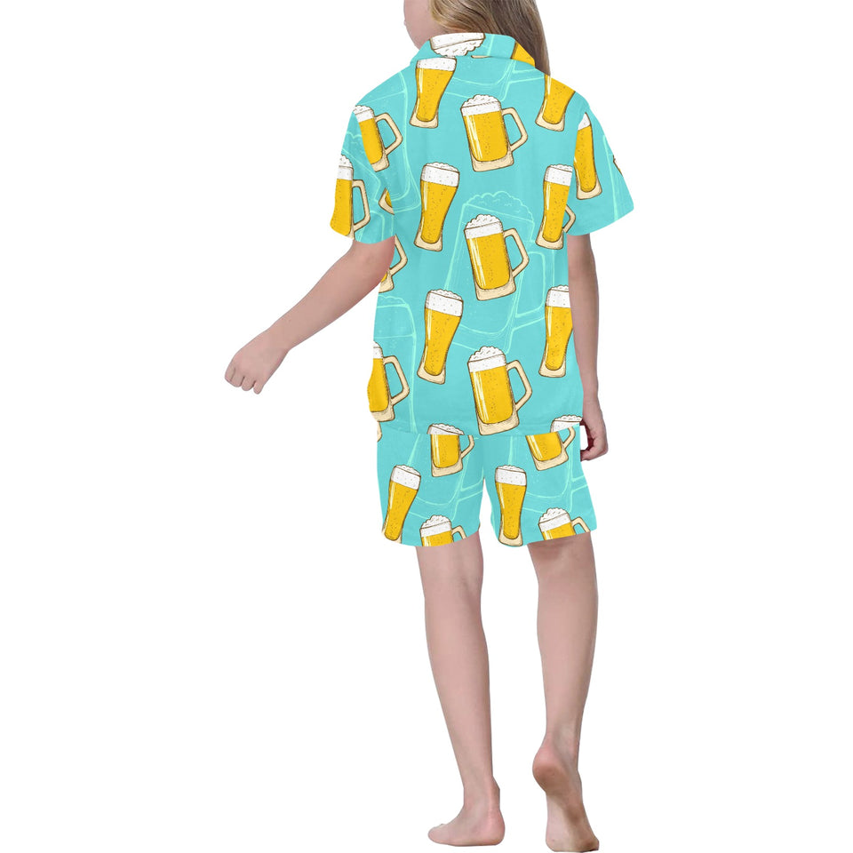 Beer pattern green background Kids' Boys' Girls' V-Neck Short Pajama Set