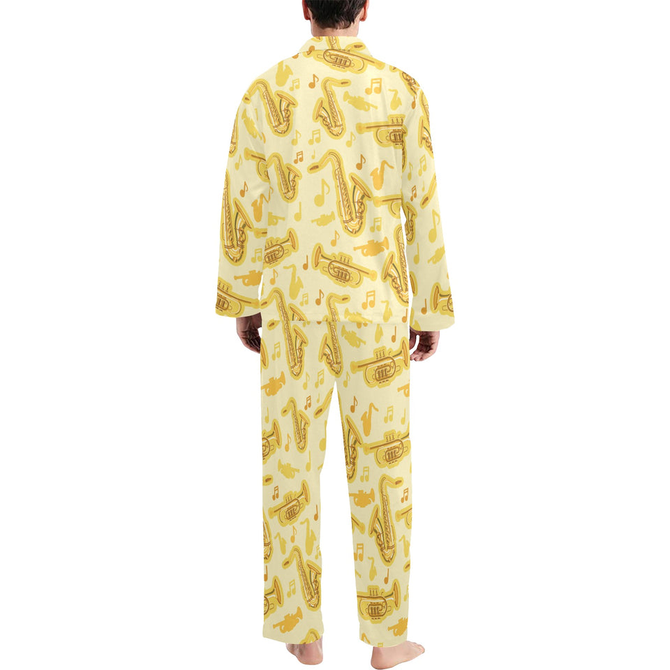 Saxophone cornet pattern yellow background Men's Long Pajama Set