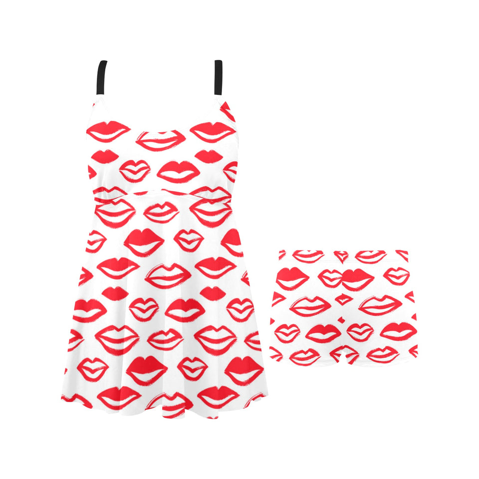Lips Pattern Print Design 05 Chest Sexy Pleated Two Piece Swim Dress