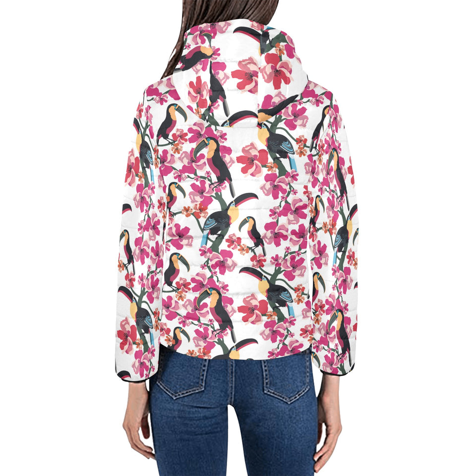 Toucan flower design pattern Women's Padded Hooded Jacket