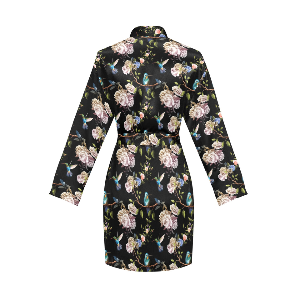 Hummingbird Pattern Print Design 03 Women's Long Sleeve Belted Night Robe