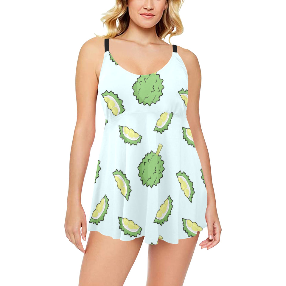 Durian pattern blue background Chest Sexy Pleated Two Piece Swim Dress