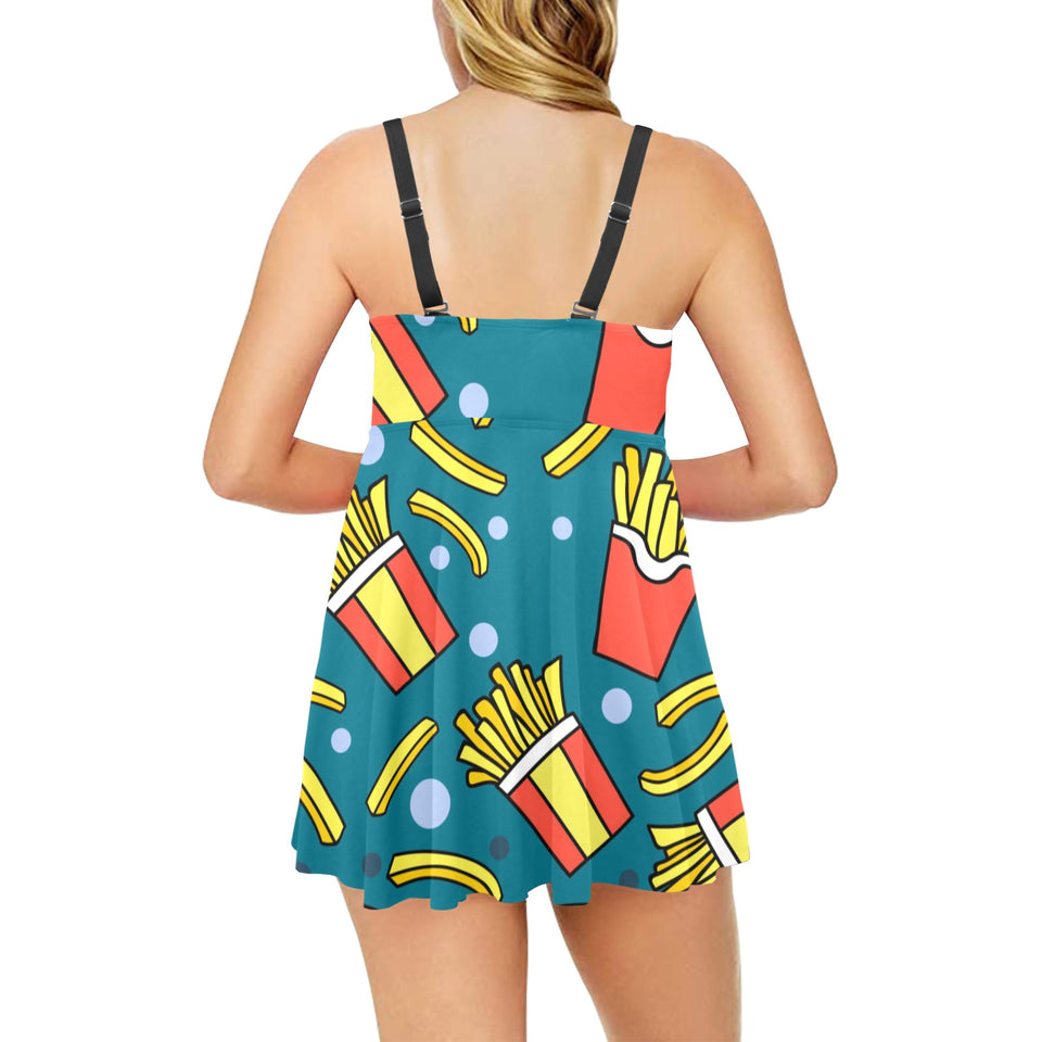 French fries red paper box pattern Chest Sexy Pleated Two Piece Swim Dress