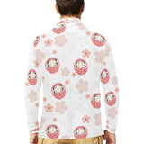 Daruma japanese wooden doll cherry blossom flower Men's Long Sleeve Polo Shirt