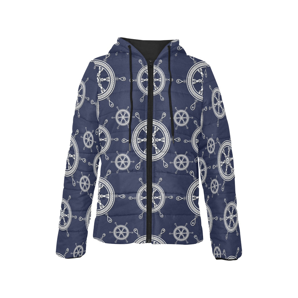 nautical steering wheel design pattern Women's Padded Hooded Jacket