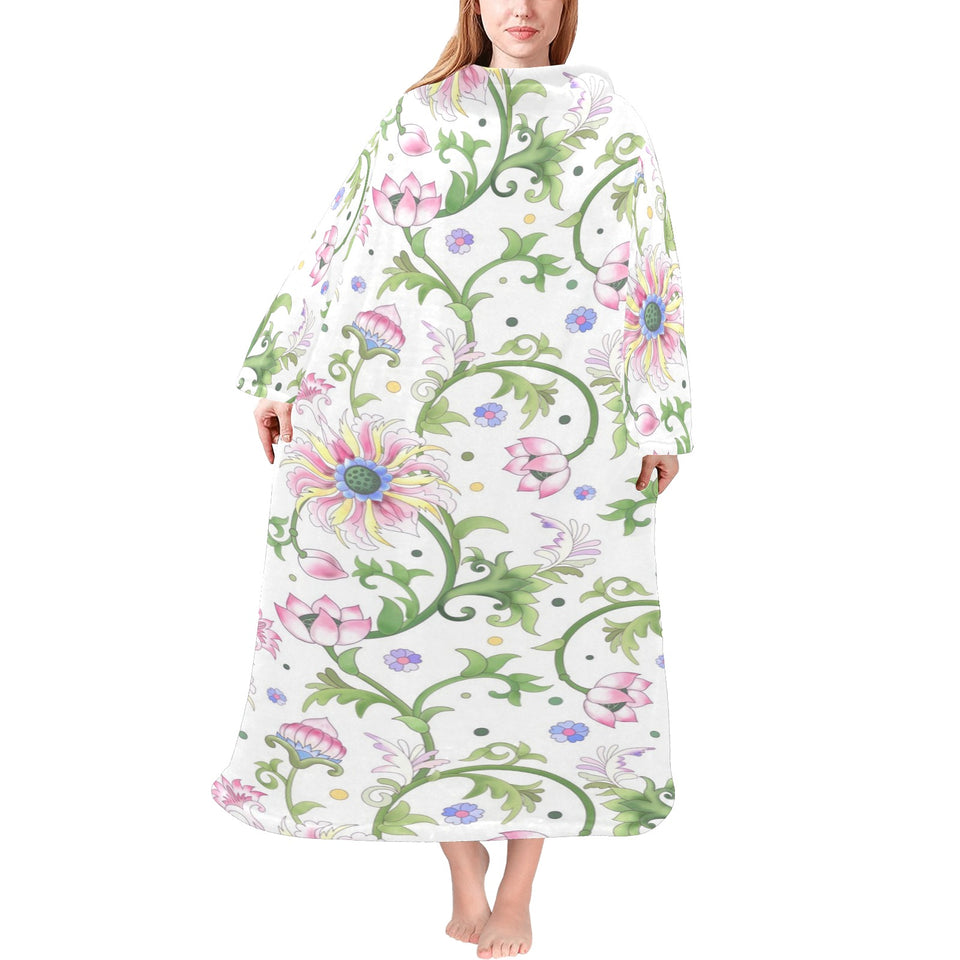 Beautiful pink lotus waterlily leaves pattern Blanket Robe with Sleeves