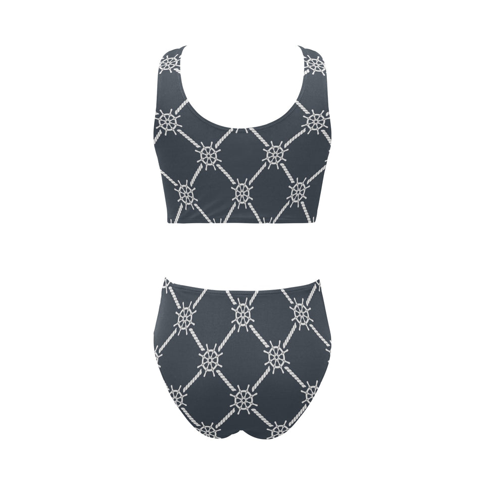 nautical steering wheel rope pattern Chest Bowknot High Waisted Bikini Swimsuit