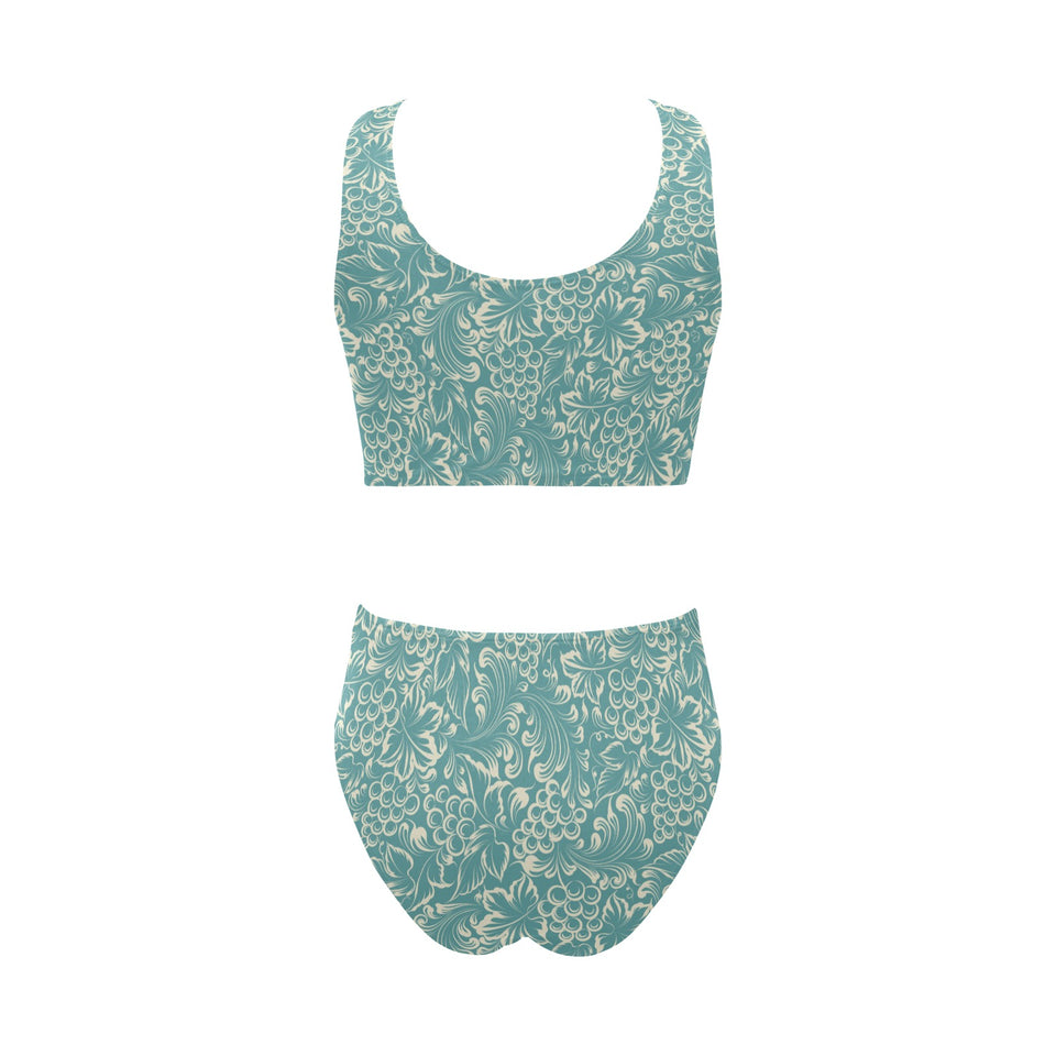 Classic Hand drawn Grape pattern Chest Bowknot High Waisted Bikini Swimsuit