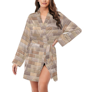 Brick Printed Pattern Print Design 01 Women's Long Sleeve Belted Night Robe