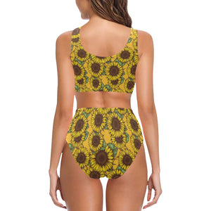 Sunflower pattern Chest Bowknot High Waisted Bikini Swimsuit