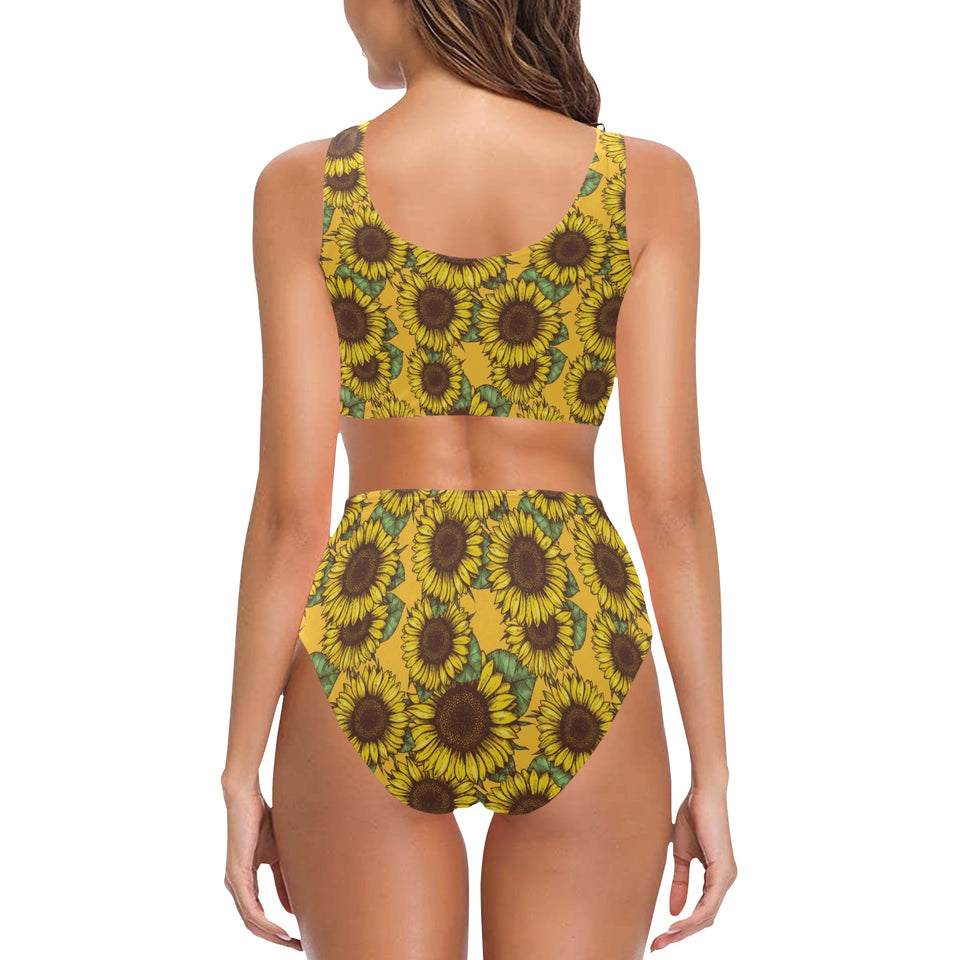 Sunflower pattern Chest Bowknot High Waisted Bikini Swimsuit