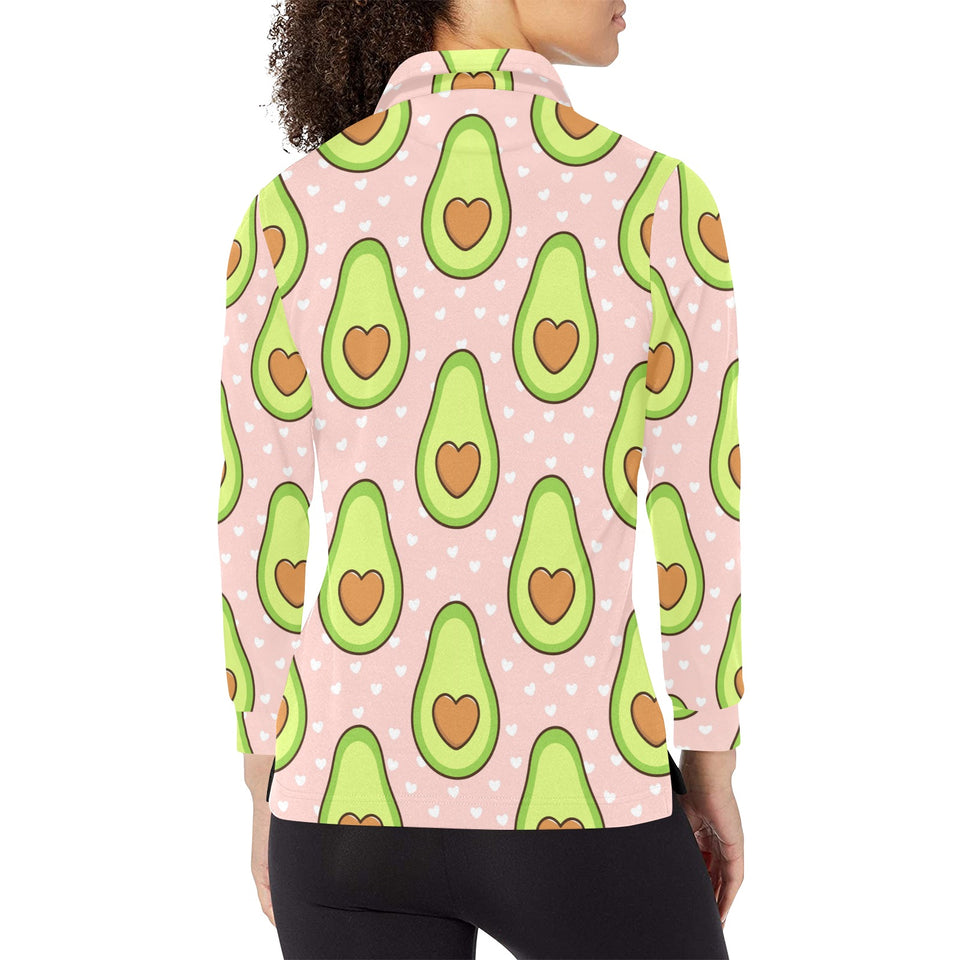 Avocado heart pink background Women's Long Sleeve Polo Shirt
