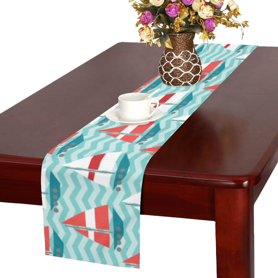 Red White sailboat wave background Table Runner