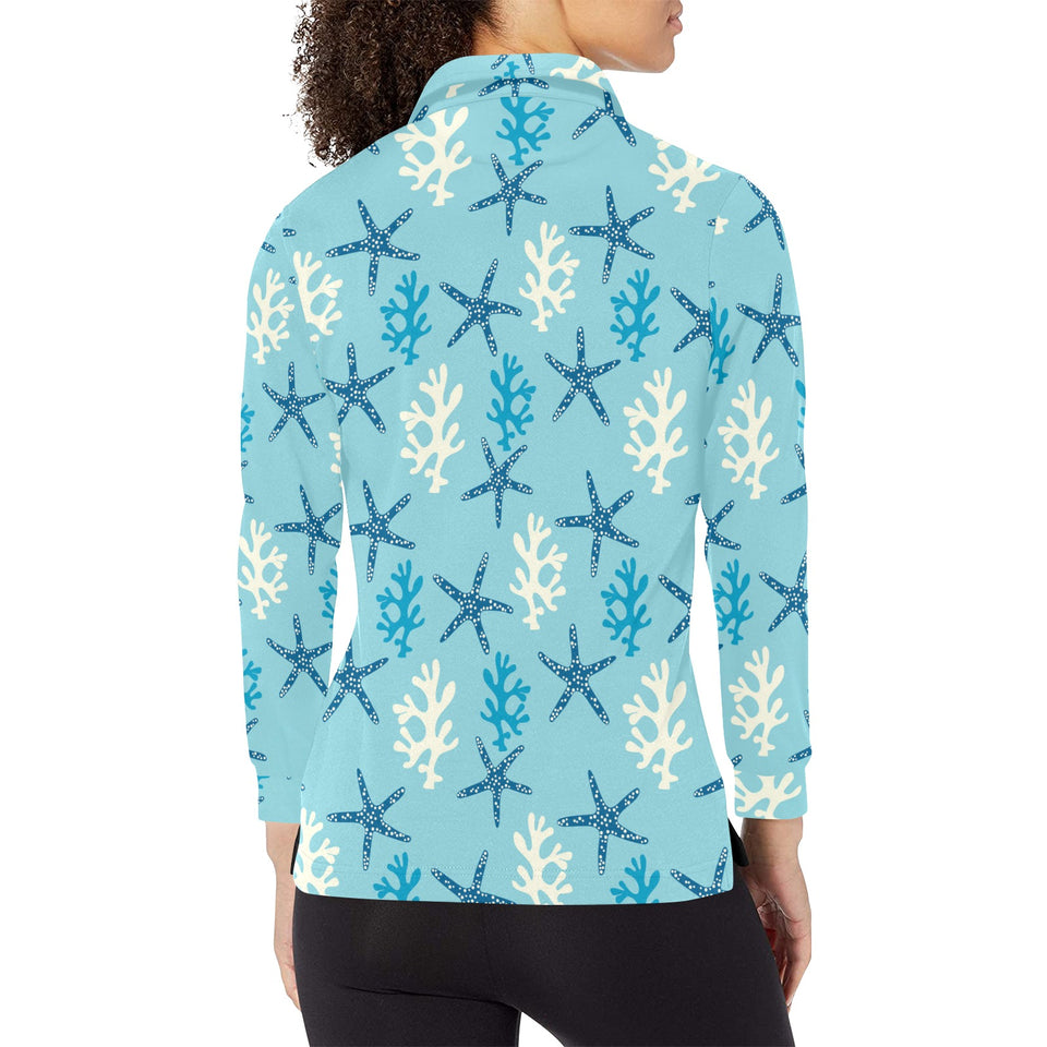 Blue starfish coral reef pattern Women's Long Sleeve Polo Shirt